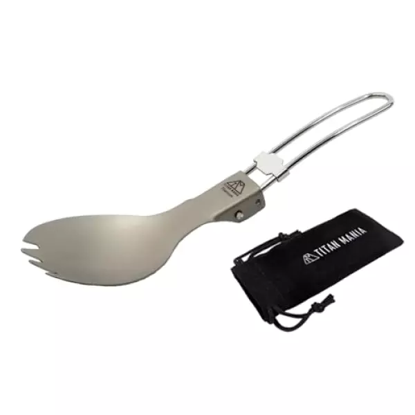 TITAN MANIA(チタンマニア) カトラリー 先割れスプーン スポーク 折りたたみ チタン製 ソロキャンプ バーベキュー アウトドア 超軽量 頑丈 フォールディング 調理器具 キャンプ用品 収納袋付き