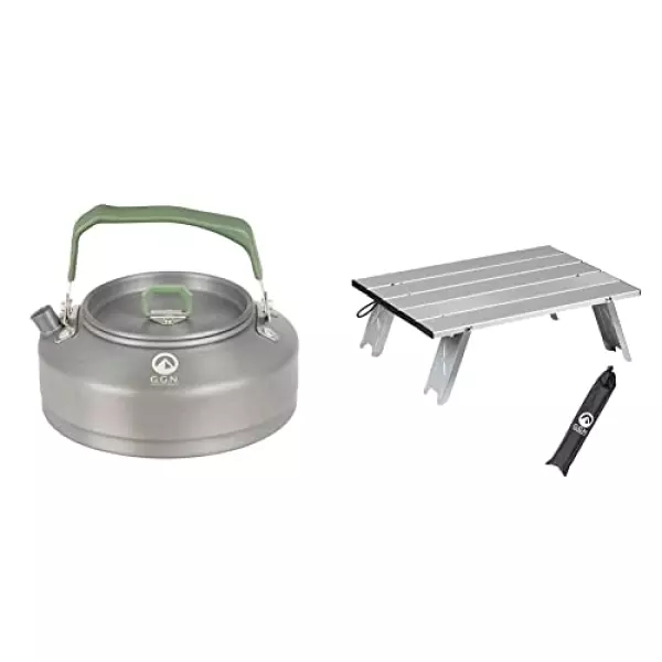 【Amazon.co.jp 限定】 ジージーエヌ(G.G.N.) ケトル グレー/グリーン 直径15.3×H6.3cm(持ち手部分含まず) GN02CM012 & 【Amazon限定ブランド】 アルミロールテーブル シルバー 折りたたみ 軽量 コンパクト キャンプ アウトドア 収納袋付き GN02CM017【セット買い】