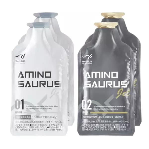 AMINO SAURUS GEL(アミノサウルス ジェル) アルギニン2000mg シトルリン1000mg クエン酸2700mg マグネシウム50mg カフェイン75mg レモン味 マンゴー味 2種各2合計4個入り 国産 機能性表示食品