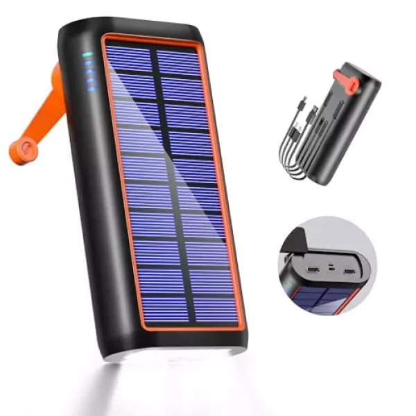 ソーラーチャージャー 【 新登場 & 防災士監修 & 手回し充電】 61200mAh大容量 モバイルバッテリー ソーラー 3A急速充電 4本ケーブル内蔵 IPX7防水 携帯 スマホ充電器5WAY蓄電 6台同時充電 高輝度LEDライト付き 太陽光で充電でき 耐衝撃 緊急停電対策 SOSモード 地震/災害/旅行/アウトドア iPhone/iPad/Android各種デバイス対応