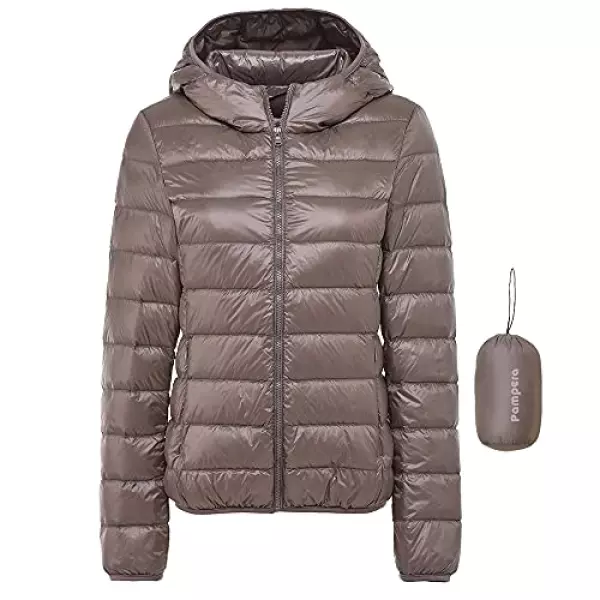 Pampera(パムペラ) ダウンジャケット レディース 軽量 防風 防寒 暖かい ウルトラライト ダウン コート 春秋冬 収納袋付き P710 (L 帽•カーキ)