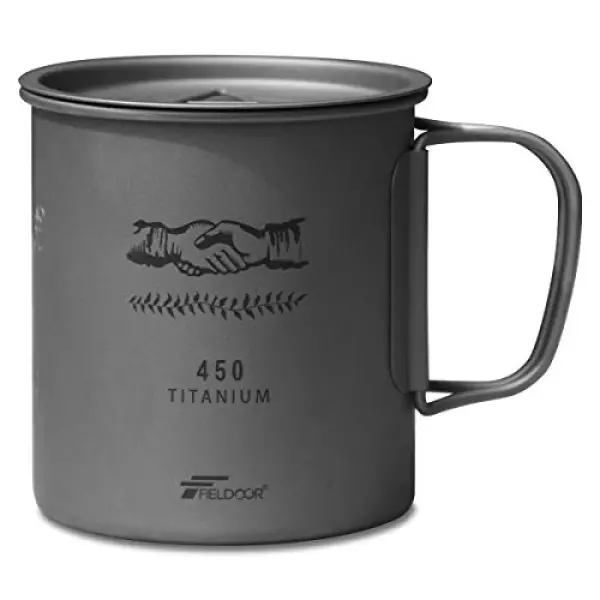 FIELDOOR チタンマグカップ 450ml 【シングルウォール】 蓋付き 目盛り付き 収納袋付き 折りたたみハンドル 直火 クッカー キャンプ アウトドア 軽量 焼き網