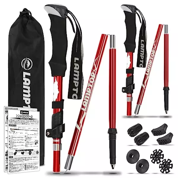 【雑誌掲載】LAMPTOP トレッキングポール 登山ストック 折りたたみ式 軽量A7075アルミ製 250g 2本セット 2つサイズ コンパクト ウォーキングポール 収納ケース&付属品付き 男女兼用(レッド、95~110cm)