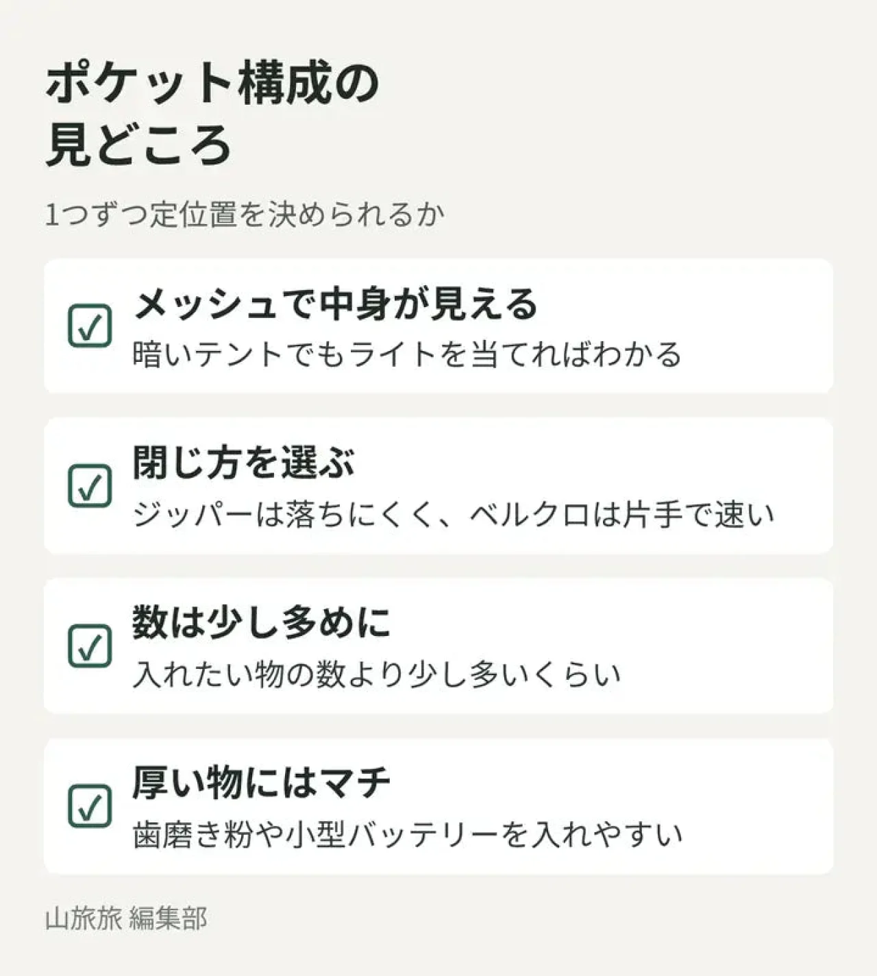 ハンギングポーチのポケット構成で見るべき4つの点をまとめた図