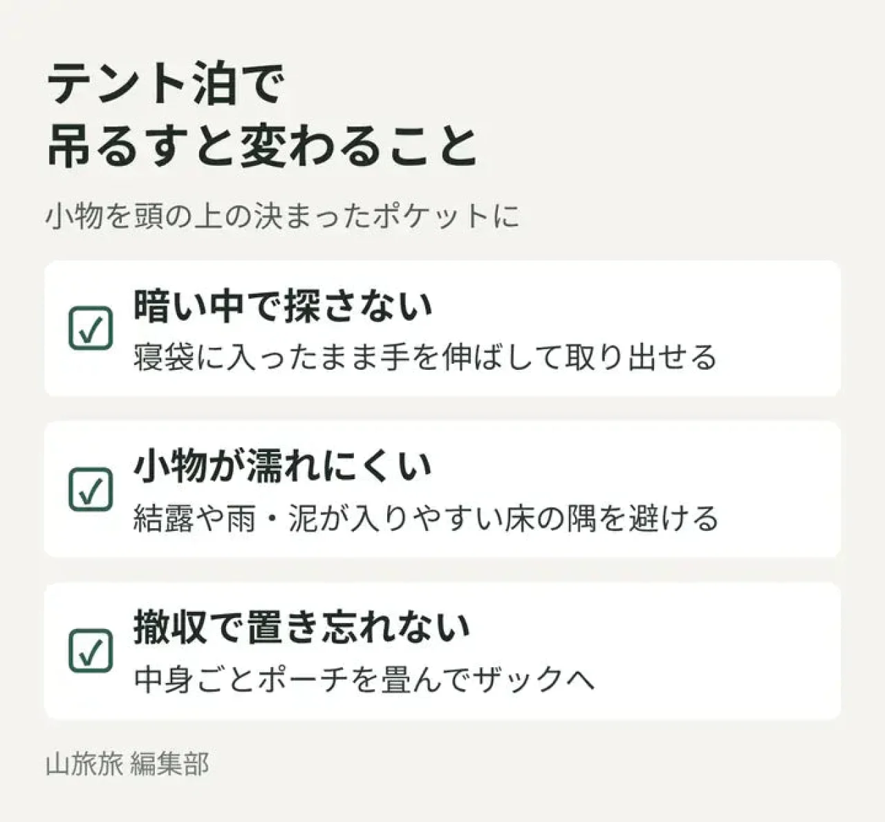 テント泊でポーチを吊るすと探し物・濡れ・置き忘れが減ることを示した図