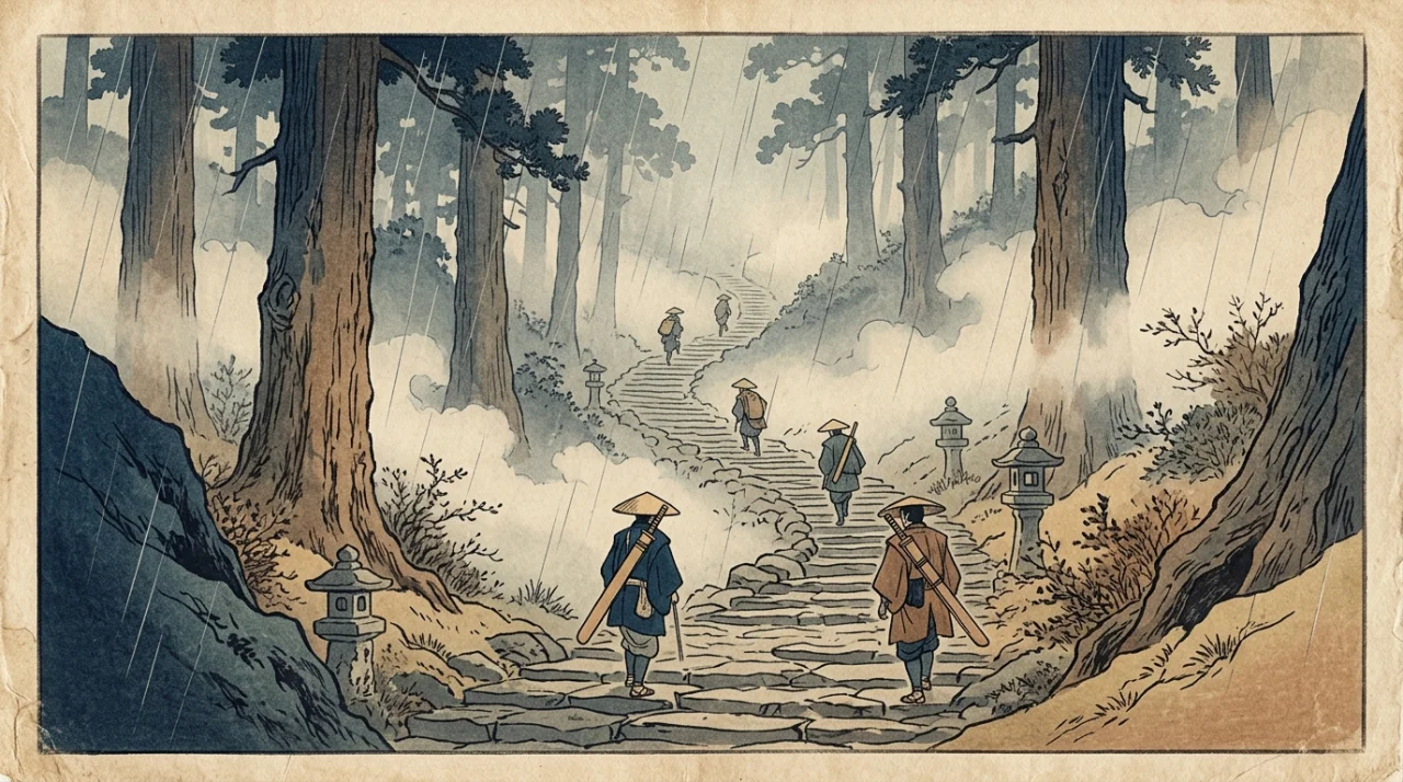 雨降る峰へと運ぶ祈り:大山詣りと粋を競う木太刀の挿絵