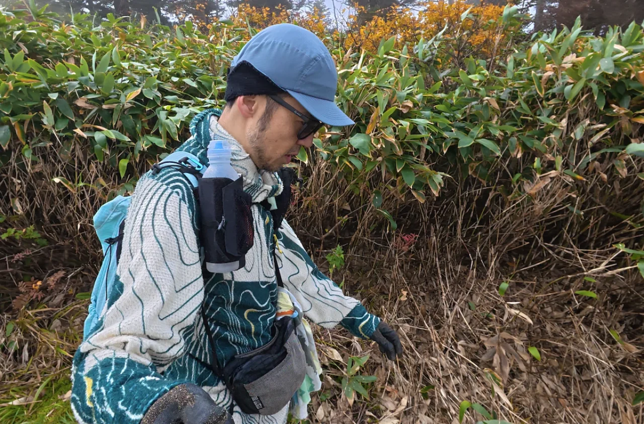 紅葉が始まった笹やぶの登山道を、フリーライト アルファ フードを着たまま歩く様子