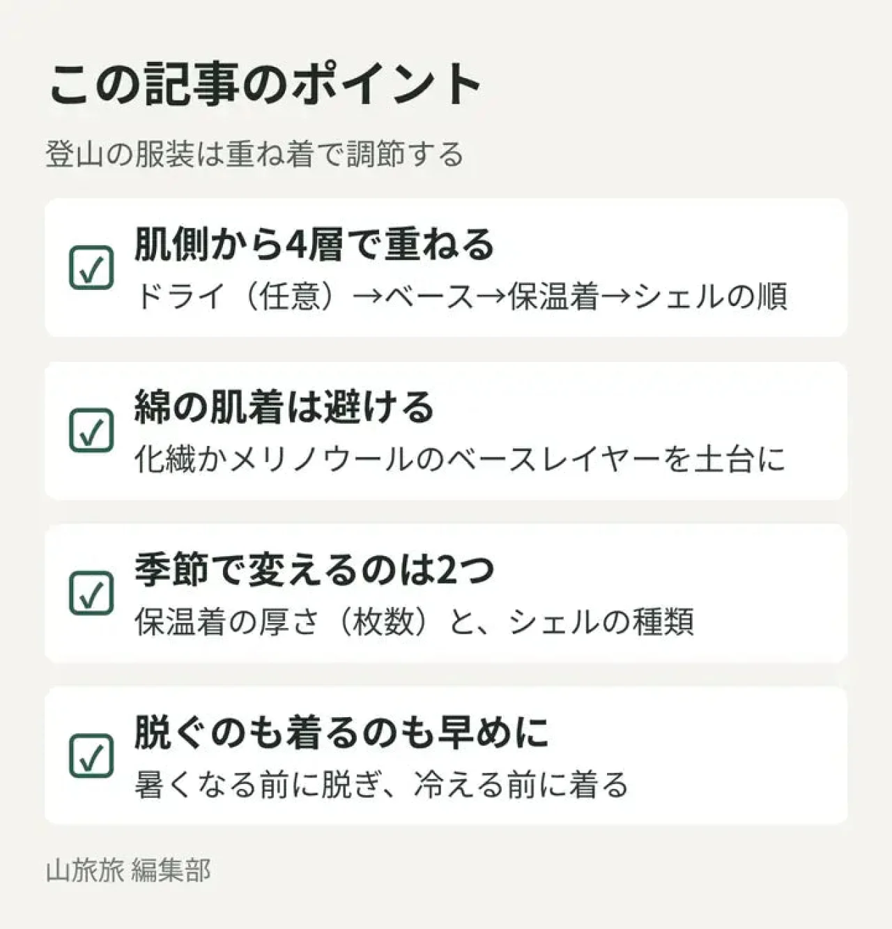 登山の服装の要点(4層の重ね方・綿を避ける・季節で変える所)をまとめた図