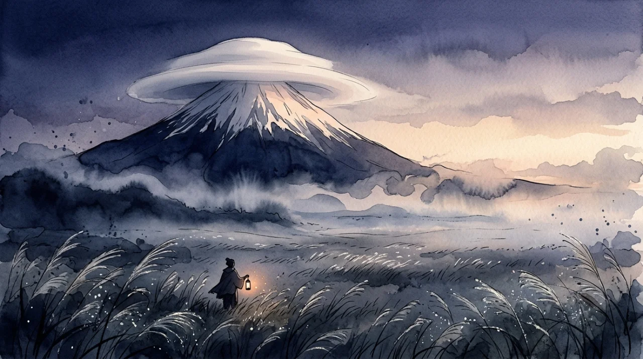 山頂に宿る白い帽子:富士山の笠雲の挿絵