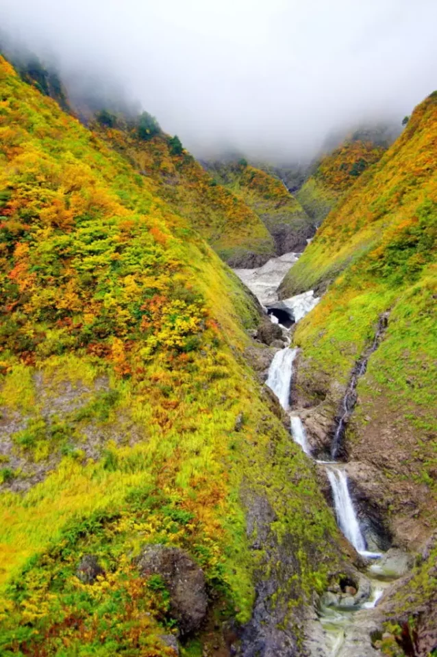 中荒沢・万年雪と紅葉