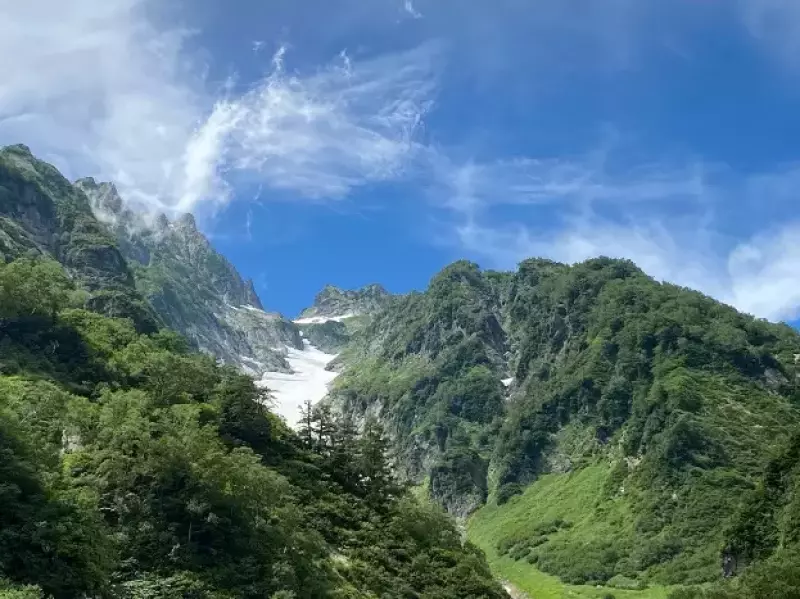 *二股吊橋から見上げる三ノ窓雪渓